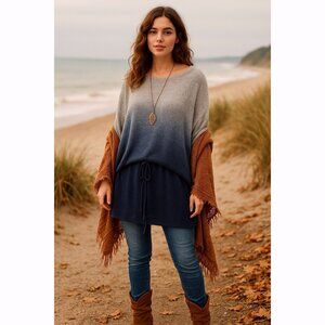 Rosie Neira Womens Medium Large Cashmere Blend Dip Dyed Poncho Sweater